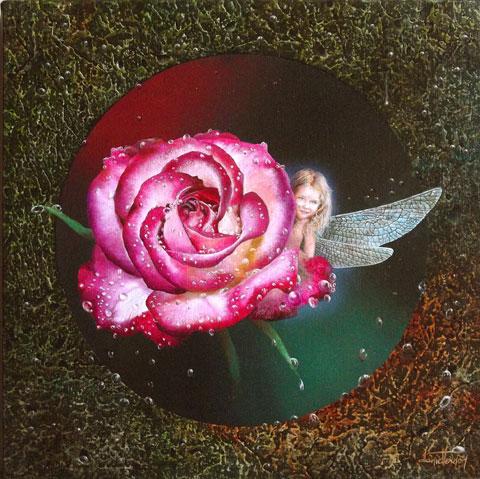 Peinture Onirique - La petite demoiselle a la rose