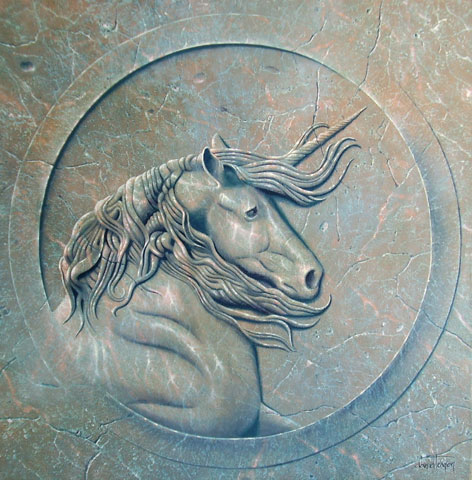 Peinture Onirique - Bas relief a la licorne