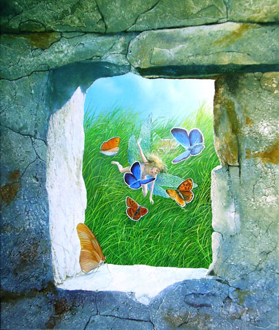 Peinture Onirique - Chasse aux papillons